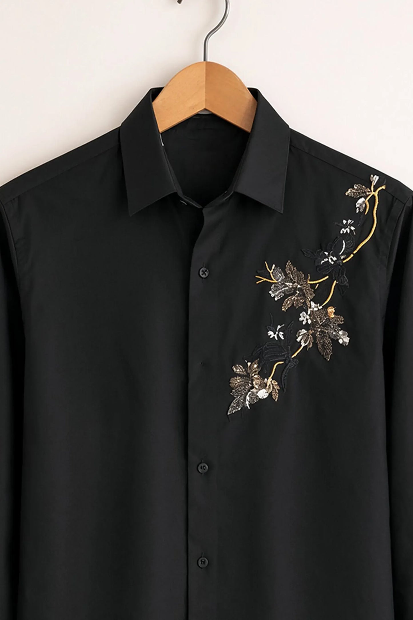 Black Floral Embroidered Premium Cotton Shirt for Men – Slim Fit Long Sleeve Party & Casual Wear