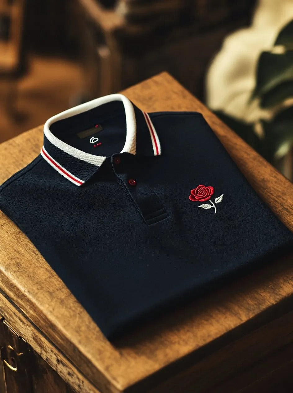 Men’s Premium Navy Blue Polo T-Shirt with Embroidered Rose Logo – Stylish Casual Polo Tee