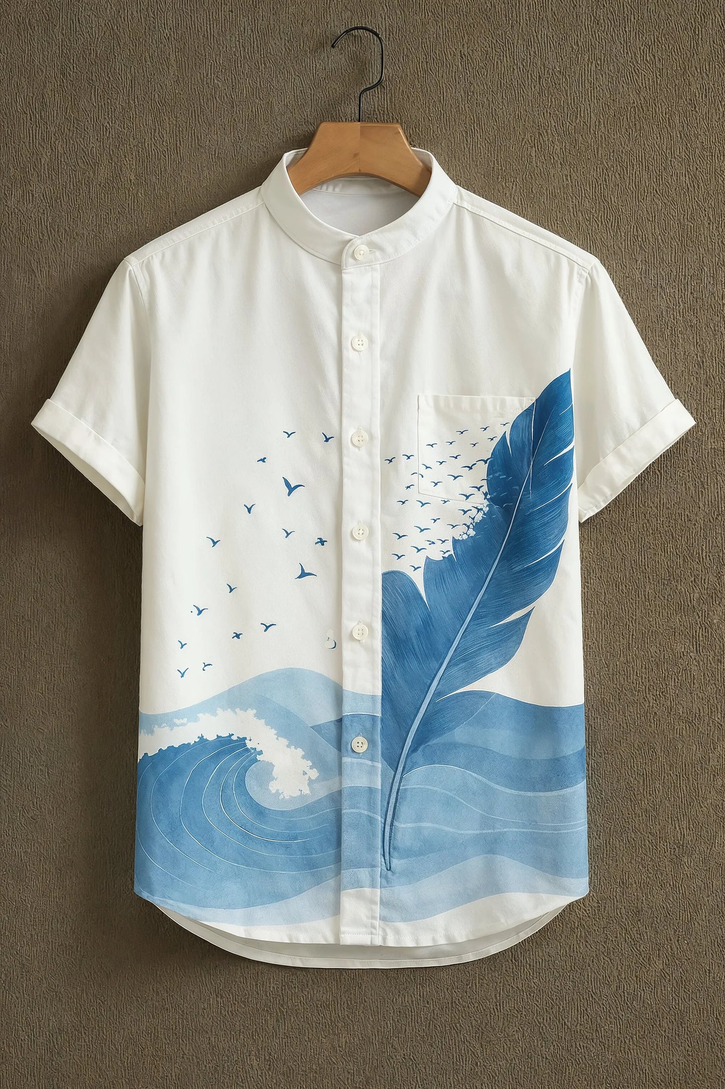 Men’s White Printed Mandarin Collar Shirt – Casual Half Sleeve Summer Cotton Shirt (S to 6XL)