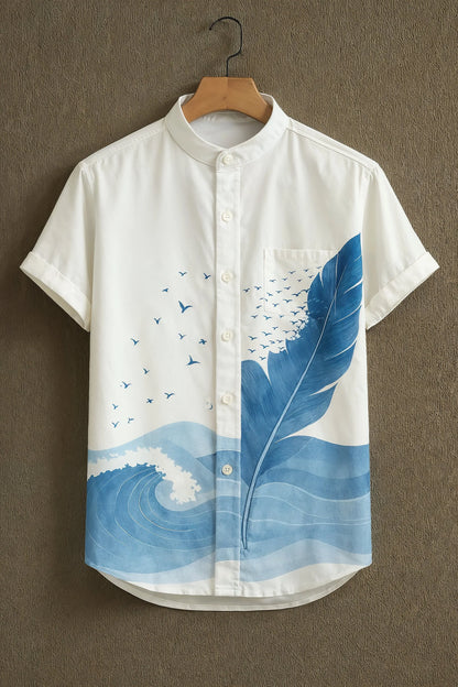 Men’s White Printed Mandarin Collar Shirt – Casual Half Sleeve Summer Cotton Shirt (S to 6XL)