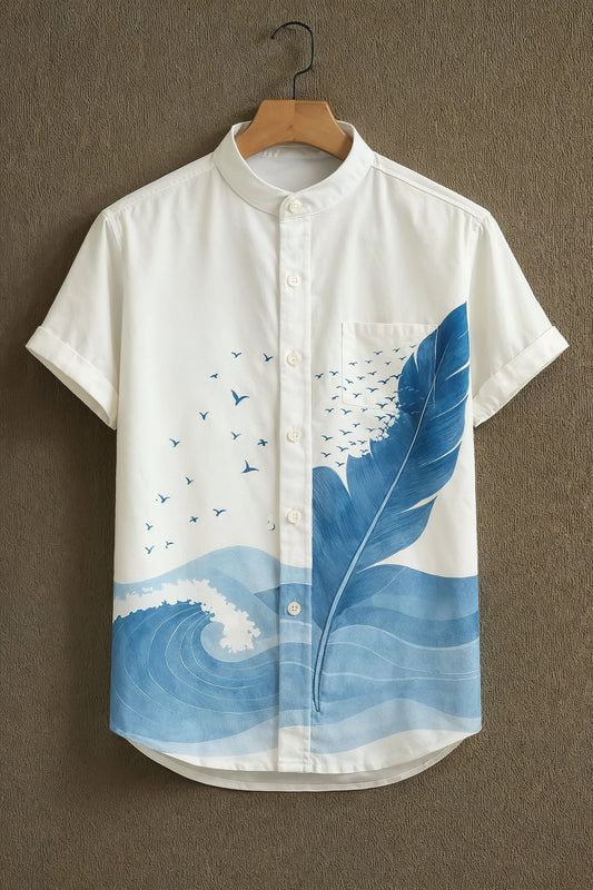 Men’s White Printed Mandarin Collar Shirt – Casual Half Sleeve Summer Cotton Shirt (S to 6XL)