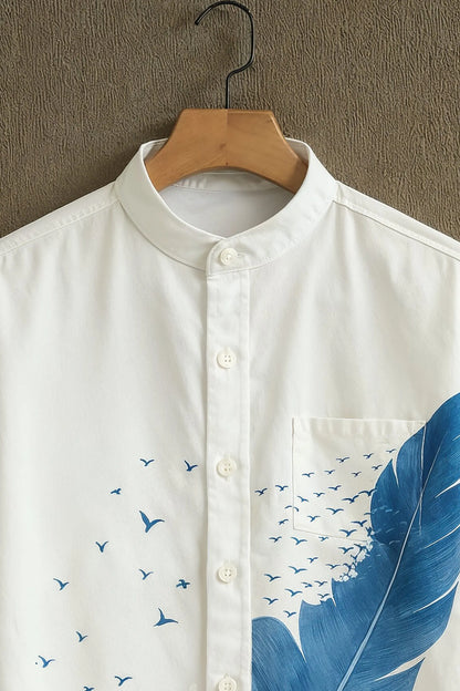 Men’s White Printed Mandarin Collar Shirt – Casual Half Sleeve Summer Cotton Shirt (S to 6XL)