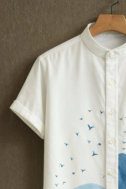 Men’s White Printed Mandarin Collar Shirt – Casual Half Sleeve Summer Cotton Shirt (S to 6XL)