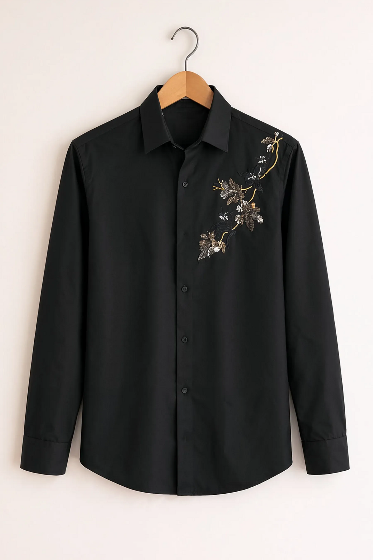 Black Floral Embroidered Premium Cotton Shirt for Men – Slim Fit Long Sleeve Party & Casual Wear