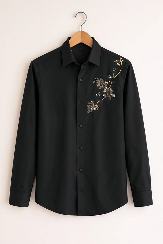 Black Floral Embroidered Premium Cotton Shirt for Men – Slim Fit Long Sleeve Party & Casual Wear