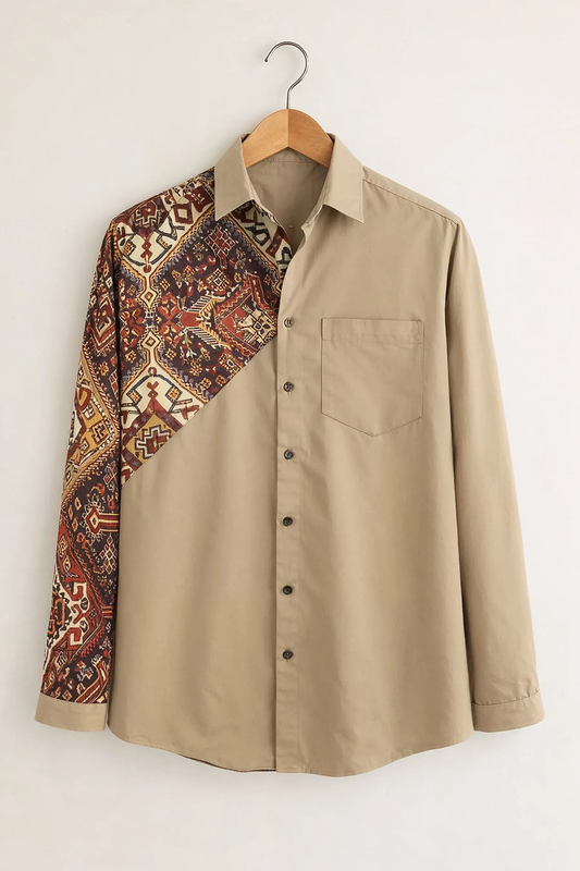 Vintage Tribal Patchwork Shirt – Ethnic Printed Long Sleeve Button-Up Casual Shirt