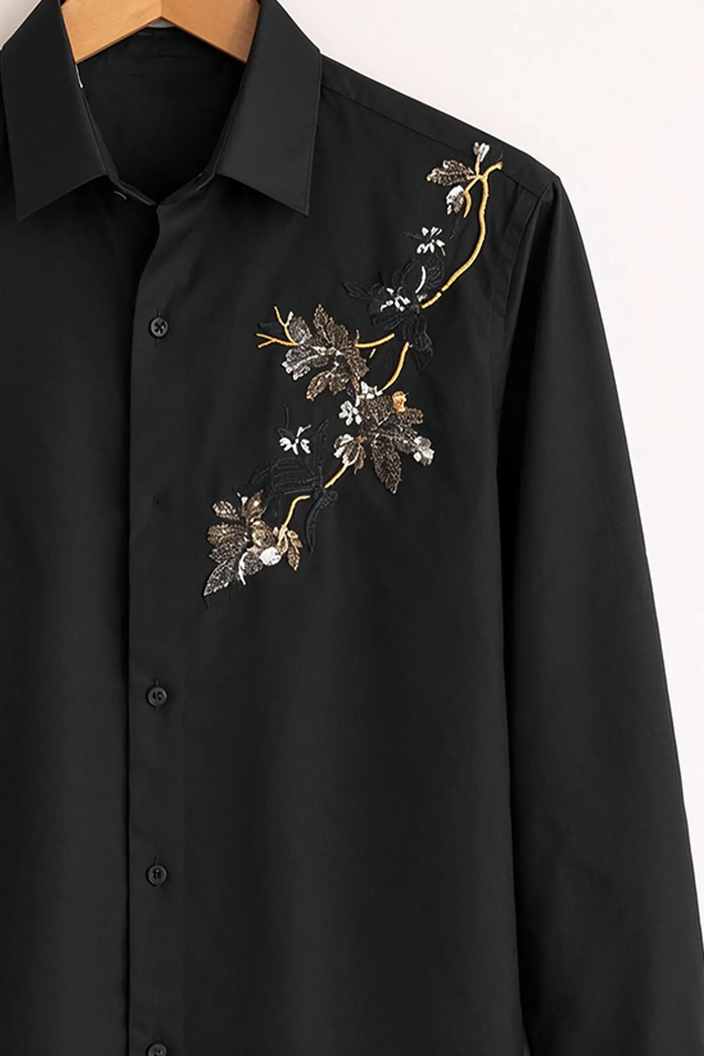 Black Floral Embroidered Premium Cotton Shirt for Men – Slim Fit Long Sleeve Party & Casual Wear