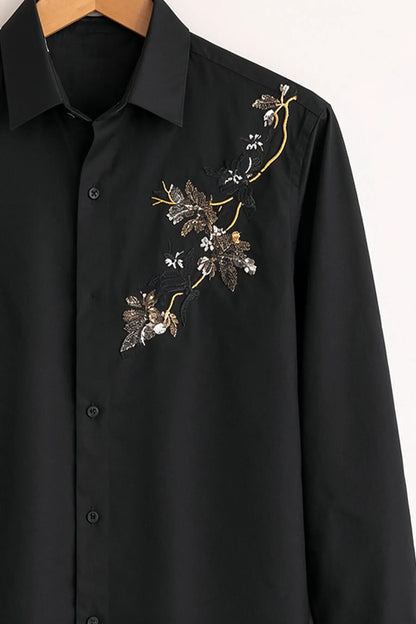 Black Floral Embroidered Premium Cotton Shirt for Men – Slim Fit Long Sleeve Party & Casual Wear