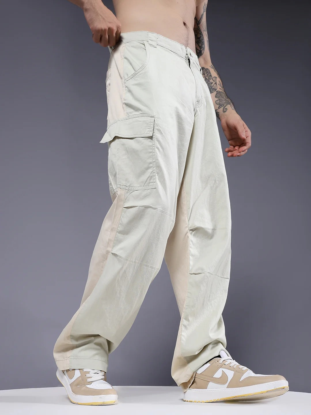 Men’s Beige Utility Cargo Pants – Relaxed Fit Casual Streetwear Trousers (S to 6XL)