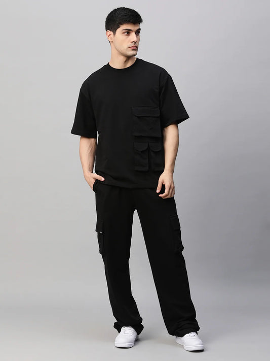 Men’s Premium Black Utility Cargo Co-Ord Set – Oversized T-Shirt & Cargo Pants Streetwear Outfit