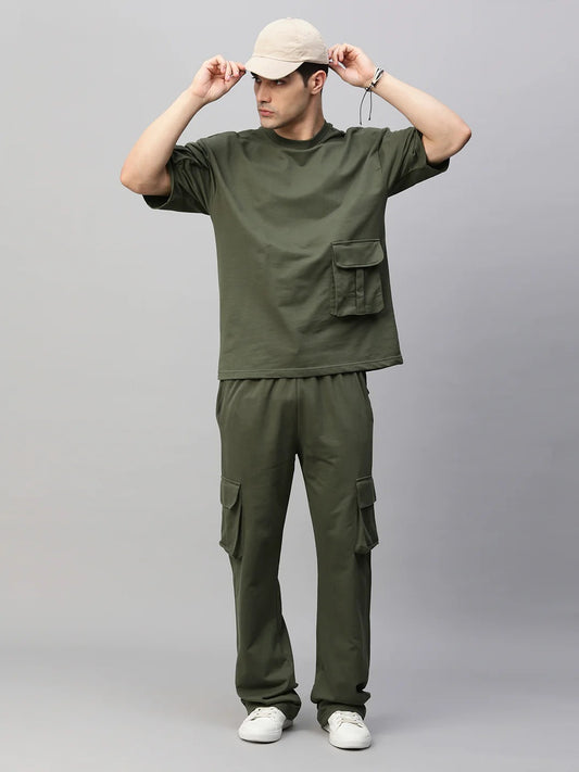 Men’s Olive Green Utility Cargo Co-Ord Set – Oversized T-Shirt & Cargo Pants Streetwear Set