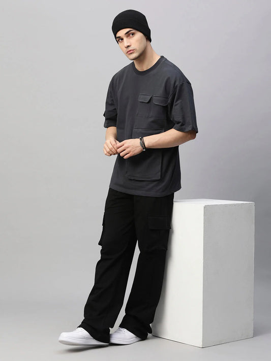 Men’s Charcoal Grey & Black Utility Cargo Co-Ord Set – Oversized Streetwear T-Shirt and Cargo Pants