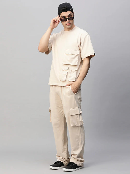 Men’s Beige Utility Cargo Co-Ord Set – Oversized Streetwear T-Shirt and Cargo Pants