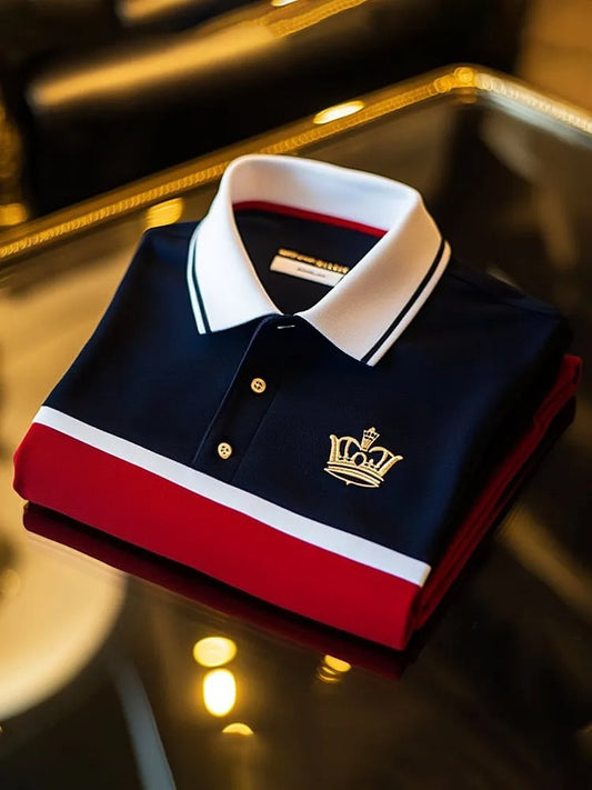 Men’s Premium Color Block Polo T-Shirt with Embroidered Crown Logo – Stylish Casual Polo Tee