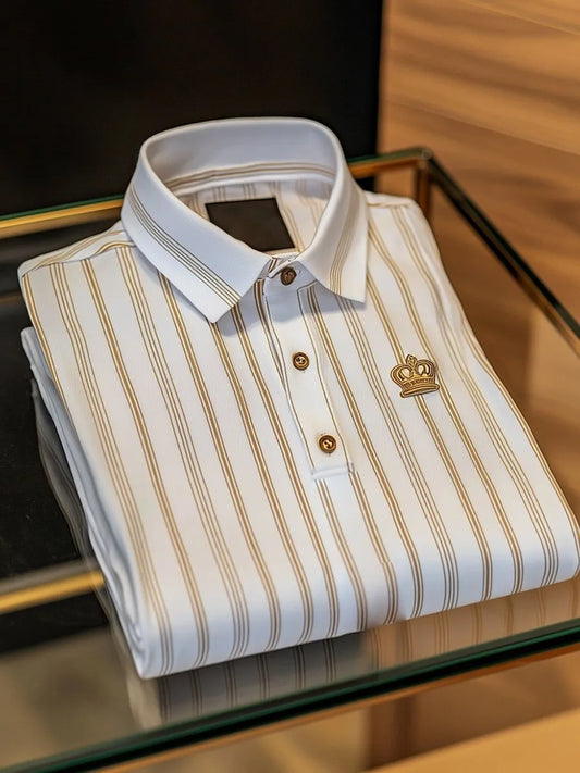Men’s Premium Vertical Striped Polo T-Shirt with Embroidered Crown Logo – Casual Smart Fit Polo Tee