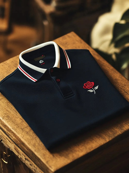 Men’s Premium Navy Blue Polo T-Shirt with Embroidered Rose Logo – Stylish Casual Polo Tee