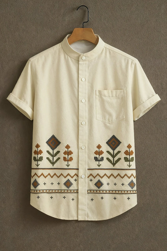 Men’s Beige Ethnic Printed Mandarin Collar Shirt – Premium Casual Summer Short Sleeve Shirt